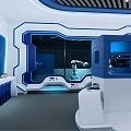 Modern Tech Exhibition Hall With Blue White Interior And Digital Display Counters 3d model