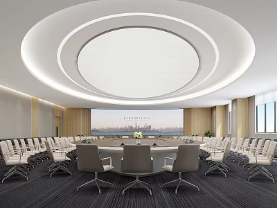 Modern Conference Room Interior With Round Table Multiple Chairs Large Screen And Circular Ceiling Lights 3d model