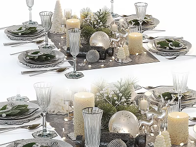 Elegant Dinnerware Set with Wine Glasses Candles and Decorative Balls for Festive Table Setting 3d model