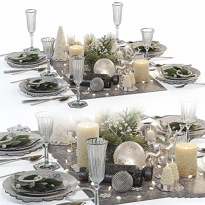 Elegant Dinnerware Set with Wine Glasses Candles and Decorative Balls for Festive Table Setting 3d model