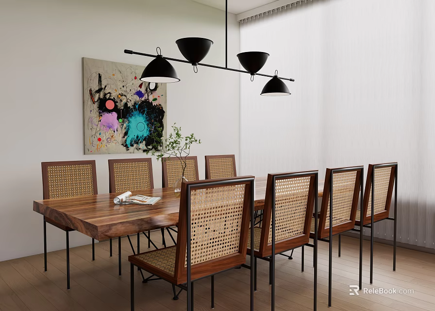 Modern Dining Table Set With Wooden Top Rattan Chairs Black Pendant Lights Artwork And Curtains 3d model 