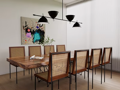 Modern Dining Table Set With Wooden Top Rattan Chairs Black Pendant Lights Artwork And Curtains 3d model