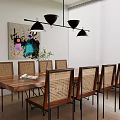 Modern Dining Table Set With Wooden Top Rattan Chairs Black Pendant Lights Artwork And Curtains