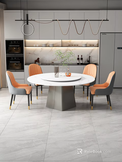 Round White Dining Table Set with Gray Base and Orange Gray Chairs in Modern Kitchen 3d model