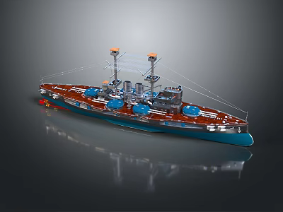 Vintage Battleship Model With Brown Deck Blue Hull Turrets And Reflective Surface 3d model