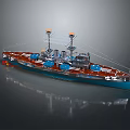 Vintage Battleship Model With Brown Deck Blue Hull Turrets And Reflective Surface 3d model
