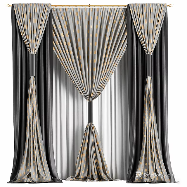 Elegant Fan Shaped Curtains With Black White And Gold Accents For Home Decor 3d model 
