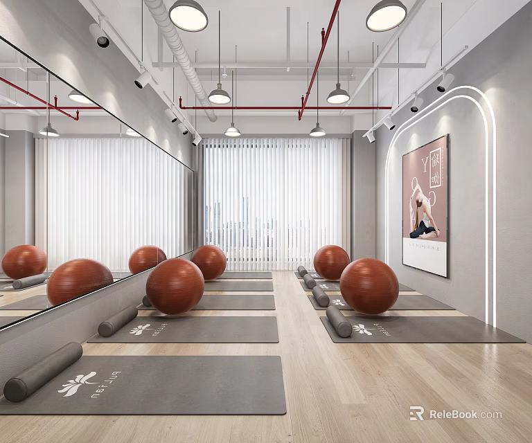Modern Spacious Fitness Studio With Yoga Mats Exercise Balls Mirrors And Large Windows 3d model 