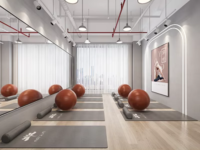 Modern Spacious Fitness Studio With Yoga Mats Exercise Balls Mirrors And Large Windows 3d model