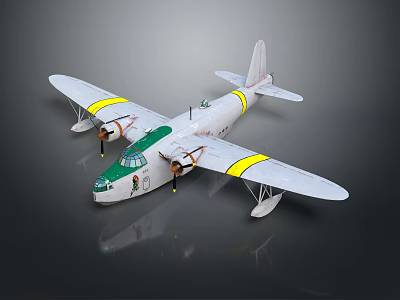 Vintage Passenger Airplane Model Featuring White Body Green Nose And Yellow Striped Wings 3d model