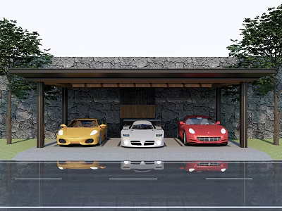 Carport Structure With Stone Wall And Three Cars Under Roof Near Trees 3d model