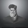 Man 3D Head Sculpture With Exaggerated Hair Facial Features And Gray Background