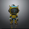 Yellow And Blue Robot With Large Eyes Headphones And Metallic Body Standing On Dark Background 3d model