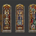 Intricately Carved Stained Glass Windows With Religious Artwork And Detailed Patterns
