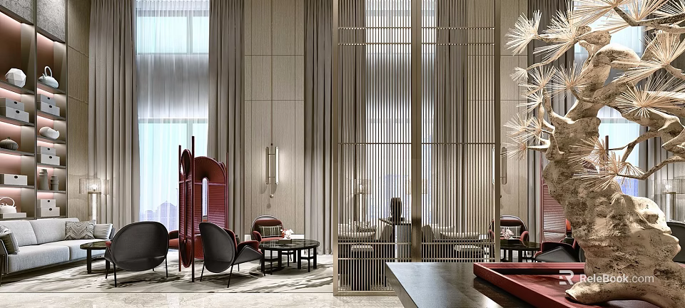 Modern Sales Office Interior Design With Curtains Partition Screen Sofa Chairs And Coffee Table 3d model 