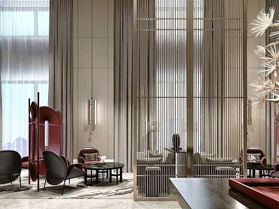 Modern Sales Office Interior Design With Curtains Partition Screen Sofa Chairs And Coffee Table 3d model