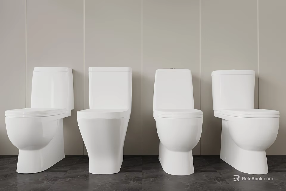 Four White Toilets Design In Modern Bathroom Arranged Against Light Wall With Dark Floor 3d model 