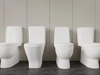 Four White Toilets Design In Modern Bathroom Arranged Against Light Wall With Dark Floor 3d model