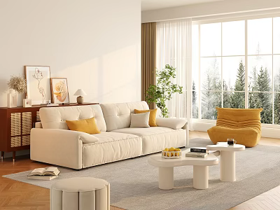 Modern Living Room Interior With Beige Sofa Yellow Cushions Yellow Armchair And Large Windows 3d model
