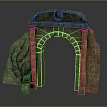 Ancient Stone Arched Entrance Gate With Brick Texture And Ruined Side Structures 3d model