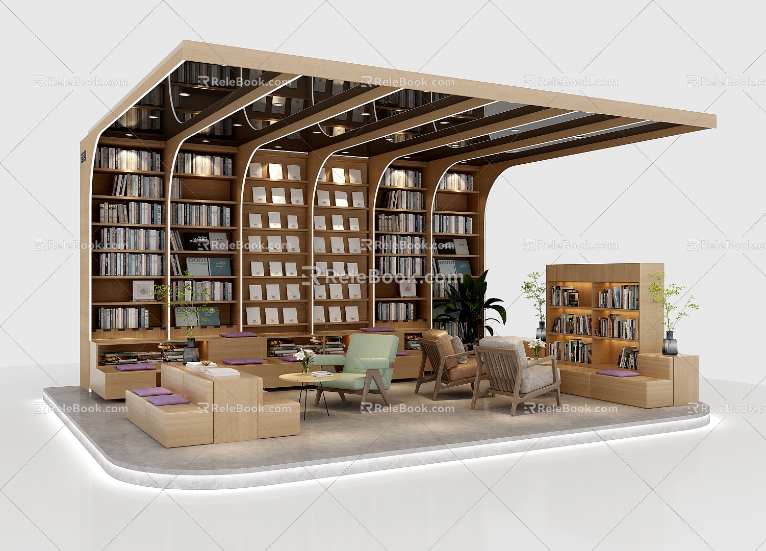 Library Reading Area Bookcase Leisure Sofa Chair Curtain Bookshelf Plant Bookstore Reading Area Reading Room model