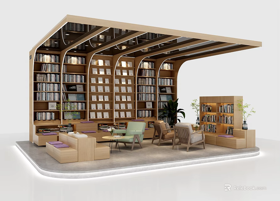 Cozy Cultural Center Interior With Wooden Bookshelves Comfortable Sofas And Green Plants 3d model 