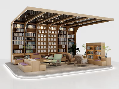 Cozy Cultural Center Interior With Wooden Bookshelves Comfortable Sofas And Green Plants 3d model