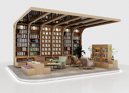 Library Reading Area Bookcase Leisure Sofa Chair Curtain Bookshelf Plant Bookstore Reading Area Reading Room 3d model