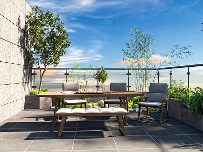Cozy Terrace Garden With Wooden Table Chairs Green Plants And Gray Floor Tiles 3d model