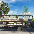 Cozy Terrace Garden With Wooden Table Chairs Green Plants And Gray Floor Tiles
