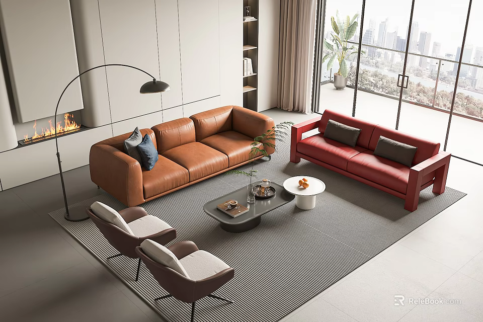Modern Leather Sofa and Coffee Table Set With Brown Red Accent Chairs City View 3d model 
