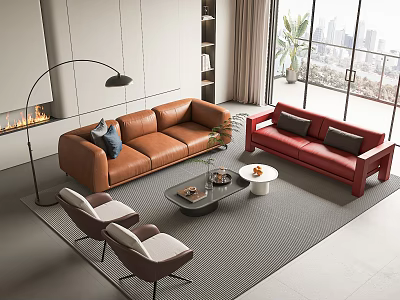 Modern Leather Sofa and Coffee Table Set With Brown Red Accent Chairs City View 3d model