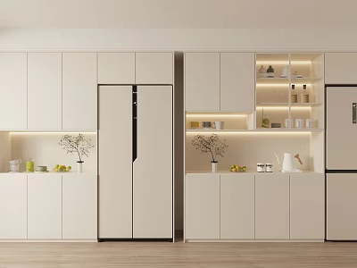 Modern Kitchen Wine Cabinet With White Cabinets Lighting And Decorative Bottles 3d model