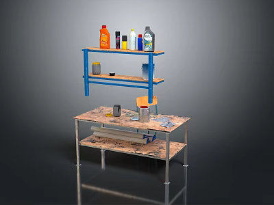 Blue Storage Shelf And Light Workbench Setup With Various Bottles Containers And Tools On Top 3d model