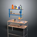 Blue Storage Shelf And Light Workbench Setup With Various Bottles Containers And Tools On Top 3d model