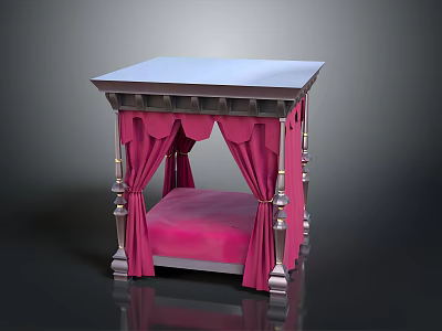 Four Poster Canopy Bed With Pink Drapes And Metallic Frame Design 3d model