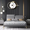 Modern Bedroom Interior Design With Gray Bed Round Mirror Hanging Lights And Green Curtains
