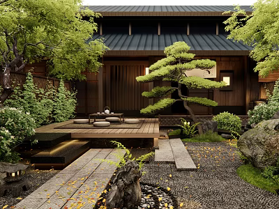 Traditional Japanese Garden Courtyard With Wooden Structure Stone Paths And Lush Greenery 3d model