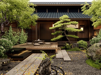 Japanese Zen Courtyard Garden Homestay Courtyard Landscape Country Courtyard Bluestone Ting Step Dry Landscape Courtyard Landscape Trees Plant Landscape Landscaping Courtyard Entrance Door model