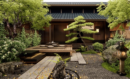 Japanese Zen Courtyard Garden Homestay Courtyard Landscape Country Courtyard Bluestone Ting Step Dry Landscape Courtyard Landscape Trees Plant Landscape Landscaping Courtyard Entrance Door 3d model