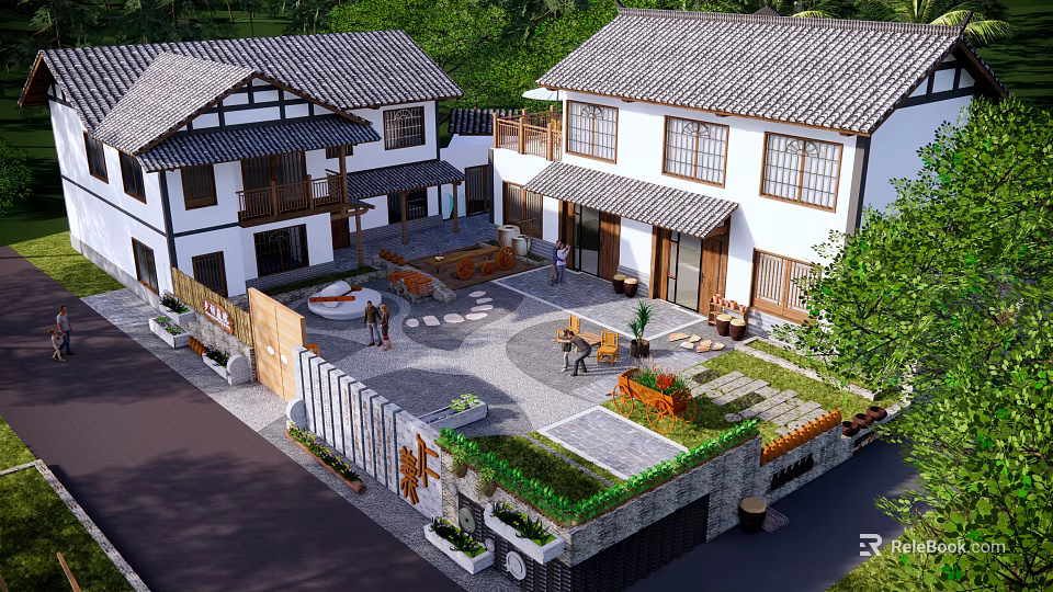 Traditional Chinese Garden Landscape With Circular Courtyard Gray Tile Roofs And Green Plants 3d model 