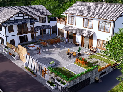 Traditional Chinese Garden Landscape With Circular Courtyard Gray Tile Roofs And Green Plants 3d model