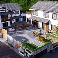 Traditional Chinese Garden Landscape With Circular Courtyard Gray Tile Roofs And Green Plants