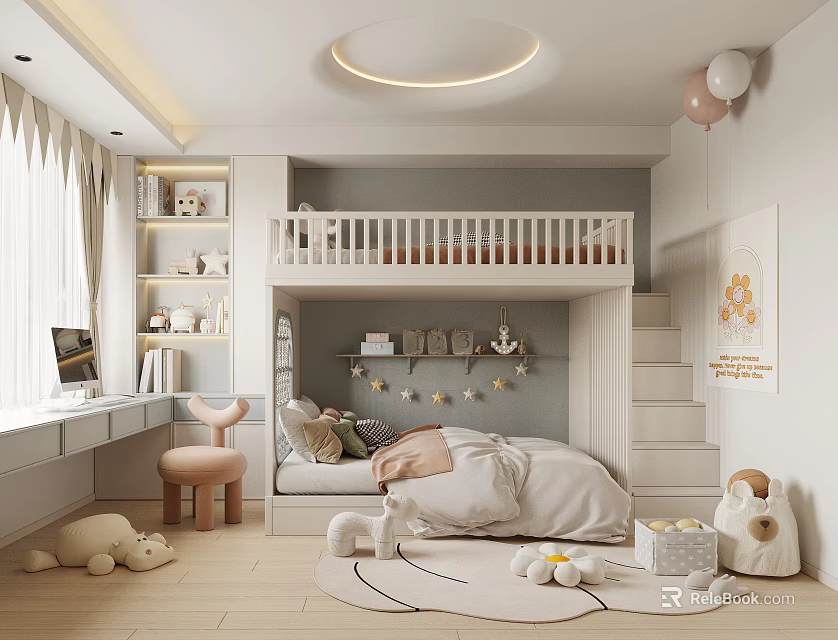 Modern Kids Bedroom Interior With Bunk Bed Cozy Decor And Toys 3d model 
