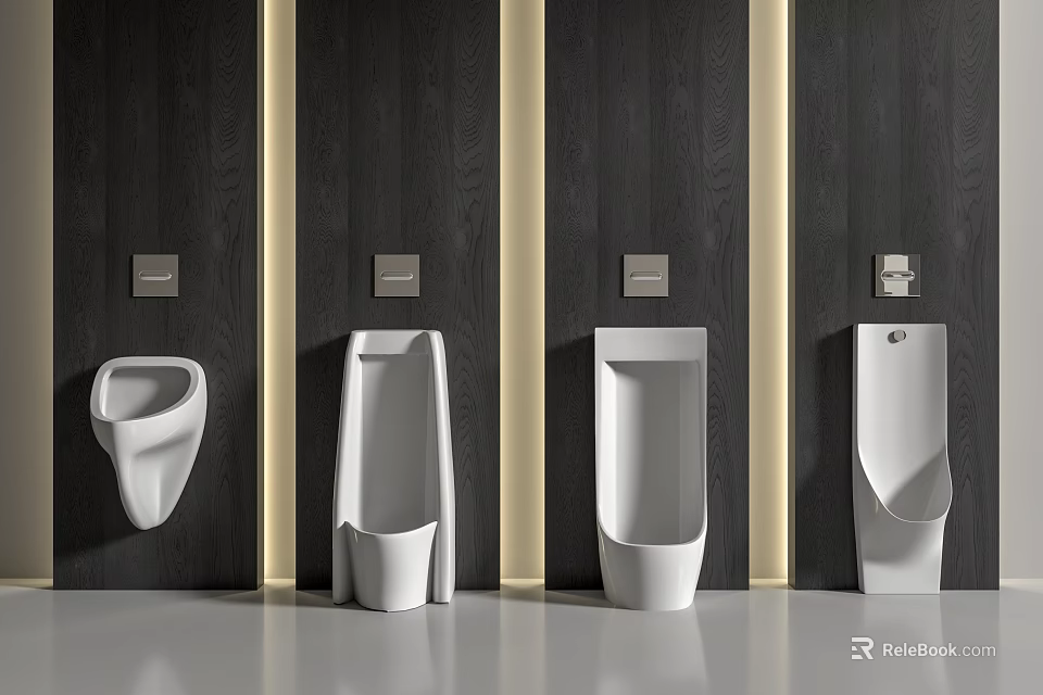 White Ceramic Urinals In Modern Bathroom With Dark Wall Panels And Light Stripes 3d model 