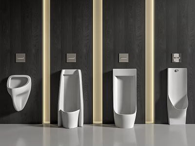 White Ceramic Urinals In Modern Bathroom With Dark Wall Panels And Light Stripes 3d model