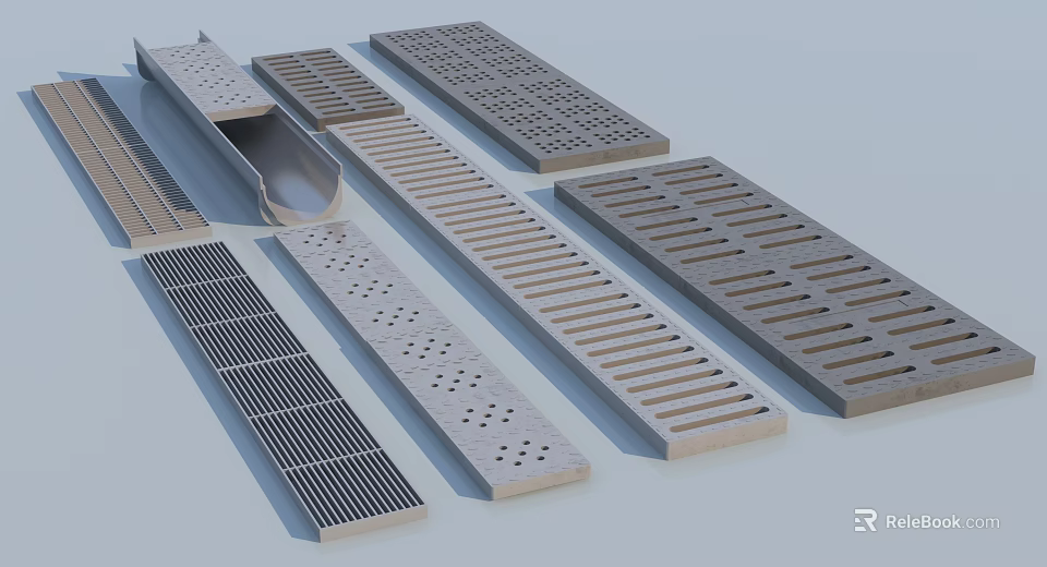 Road Infrastructure Drainage Grates With Metal And Concrete Slotted And Perforated Designs For Water Flow 3d model 