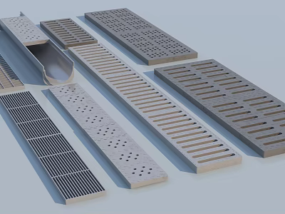 Road Infrastructure Drainage Grates With Metal And Concrete Slotted And Perforated Designs For Water Flow 3d model