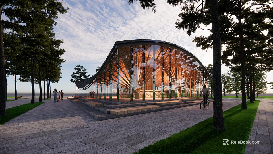 Modern Curved Glass Building Featuring Wooden Structure Trees Pathway People Walking And Bicyclist 3d model 
