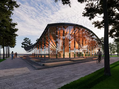 Modern Curved Glass Building Featuring Wooden Structure Trees Pathway People Walking And Bicyclist 3d model